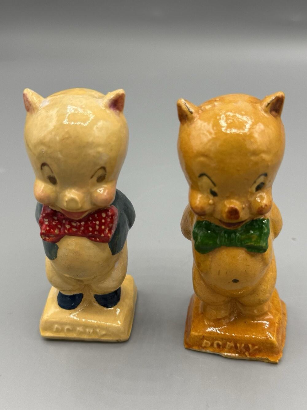 Vintage Porky Pig Style Ceramic Figurines Pair Hand Painted 4” Bow Tie